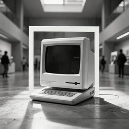 vintage apple computer on floor in the middle of a large museum, black and white polaroid