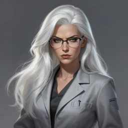 a highly detailed illustration of jennifer conelly as long white haired mad scientist woman wearing grey labcoat and glasses, dramatic frown pose, intricate, elegant, highly detailed, centered, digital painting, artstation, concept art, smooth, sharp focus, league of legends concept art, wlop.