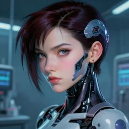cyberpunk screenshot. intense sideways stare. close face portrait. laboratory bg. scene of beautiful pretty lithe feminine cybertronic android painted by norman rockwell. character designed by hideaki anno. bodysuit. lustrous dark hair. digital. lighting by james gurney. trending on artstation. masterpiece. artgerm mucha rutkowski.
