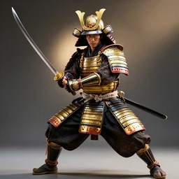 a studio photography of samourai wearing gold and black armor, fighting position with katana, KimJunggi style, ultra detailed intricate ornate, dramatic backlighting, 8k