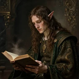 a 1 3 th century, enigmatic, melancholic, fae king ( look like ( ( forthy years old christopher lee ) ), is ( ( reading an old book ) ). light dust, magnificent, hyperdetailed, theatrical, painted by boticelli