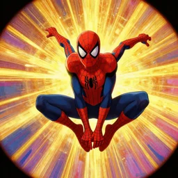 anime key visual concept art screenshot, in style of, spider - man into the spider - verse ( 2 0 1 8 ), golden rays, by alberto mielgo, 6 0's french movie poster, french impressionism, vivid colors, palette knife and brush strokes, anaglyph, fish eye lens