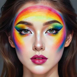 a beautiful detailed painting of a woman with her face painted in rainbow colors. stunning 🌈 face paint. close up on highly detailed gorgeous face. by artgerm and greg rutkowski and alphonse mucha and rhads