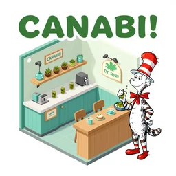 cannabis cafe interior poster illustration isometric australian by darwyn cooke and dr. seuss, cute and funny cooking with cannabis, close up