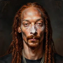 beautiful portrait of Snoop Dogg like a ginger white person, face like european, Snoop Dogg blended white face paint, like Caucasian race,  Caucasoid race, dramatic lighting, intricate, wild, highly detailed, digital painting, artstation, concept art, smooth, sharp focus, illustration, art by artgerm and greg rutkowski and alphonse mucha, footage