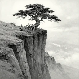 windswept scifi cliffs with lone gnarly trees. gouache by award - winning mangaka, chiaroscuro, intricate details, bokeh, backlighting, field of depth