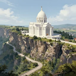 a white marble cathedral on a cliffside with winding paths below, concept art, environment art, very beautiful, 4k HD,