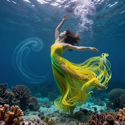 woman dancing underwater wearing a long flowing dress made of yellow and green wire, coral sea bottom, swirling smoke shapes, octane render, caustics lighting from above, cinematic, hyperdetailed