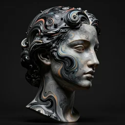 hyper realistic. abstract female face silhouette mixing with black and color liquid fluid. abstract sculpture. art jewelry swirls. masterpiece by michelangelo. concept art, matte painting. greg rutkowski, wlop, victo ngai