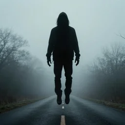 creepy humanoid masculine silhouette hovering above a foggy road, gerald brom, horror