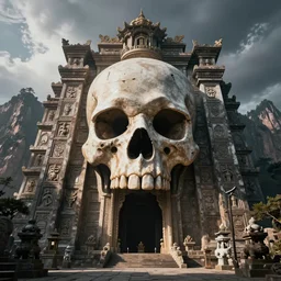 a photograph of a epic giant enourmous ancient temple on a mountain with a giant skull entrance