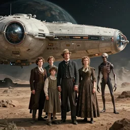 sharp, detailed, 256k film still from a sci fi blockbuster color movie made in 2022, set in 1860, of a family standing in front of a spaceship that has just landed on an alien planet, a humanoid alien creature stands nearby, the family are all wearing 1850s era clothes, cinematic lighting, cinematic photography, sharp focus