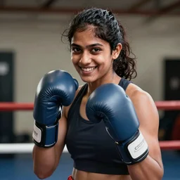 young indian woman boxer, strong, muscular, smiling, digital portrait by greg rutkowski, intricate, soft focus, highly detailed, cinematic, epic, artstation
