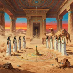 painting of priestesses of the ancient camel temple, sandstorm, sand dunes, camel god, barren sands, desolate, forgotten, by ArtGerm and Justin Cheung and Makoto Shinkai, insanely detailed and intricate, ornate, elegant, award winning, vermillion and cyan, sunset, maximalist, trending on Artstation, matte painting, interior scene, camel statue, ritual circle, temple rites
