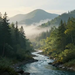 beautiful morning landscape, forest, mist, mountains, river, artstation, procreate, digital art, realistic style, digital painting