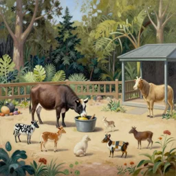petting zoo with small creatures by shaun tan, intricate, detailed, oil on canvas by edward hopper, by mattias adolfsson, torn paper decollage,