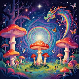 psychedelic mushrooms, enchanted cosmic forest, mushrooms on the ground, small fairies, stars in the sky, butterflies, rainbows, psychedelic, wide angle shot, vector art, optical illusion, heavenly underwater, space dragon, 4 k, fantasy poster by helen huang and frank frazetta and salvador dali