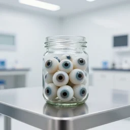 a jar of eyeballs on a metal table in a sterile white room, photorealistic, 4k