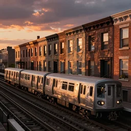 elevated subway trains in front of brooklyn tenement buildings, at sunset by gregory crewdson, edward hopper and rene magritte,