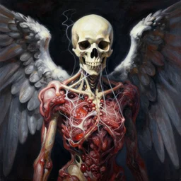 an angel with a skull made of meat and webs for the head, organic painting, dark, bold shapes, by greg rutkowski, by satoshi kon, trending on artstation, dramatic lighting