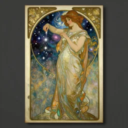 an art deco painting with an elegant border, of a woman dressed in clothes made of outer space, she is pouring stars into a galaxy, illustrated by tamara de lempick, georges lepape and by alphonse mucha | studio lighting | digital painting, stunning lighting, trending on artstation