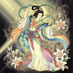 deco art by makoto shinkai and john singer sargent, full body, chinese taoist fairy goddess played by aragaki yui, colorful clothes and feather clothes of the tang dynasty, hyper detailed, character concept, dynamic pose, intricate, lineart, cerpuscular rays, lily flowers. 8 k