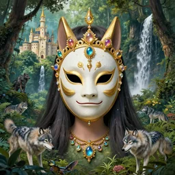 hyper realistic Princess Mononoke wearing her mask, lush forest landscape, wolves, magic, castle, jewels, style of tom bagshaw, mucha, james gurney, norman rockwell, gems and gold, waterfalls, denoised, sharp,