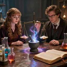 hyper real, table, wizards laboratory, lisa parker, tony sart, mortar, pestle, scales with magic powder, energy flowing, magic book, beakers of colored liquid