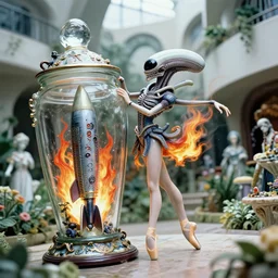 fuji gfx, 8 k, j. j abrams flare ; esoteric ultra realistic thermonuclear ( 1 9 9 0 ) film still garden dance scene in frontiers in porcelain photography fashion magazine june seinen manga portrait edition, hyperrealistic real - life xenomorph porcelain occult missile in victorian glass jar, pointe pose, eye contact, tilt shift wide shot zaha hadid background