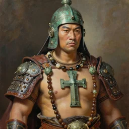 tai warlord closeup portrait, historical, ethnic group, traditional tai costume, bronze headset, leather armor, fantasy, intricate with big agate beads and dong son bronze artifacts cross onbare chest, elegant, loin cloth, highly detailed oil painting