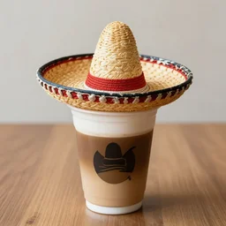 ( coffee cup ) with a [ sombrero ] on top, photograph,