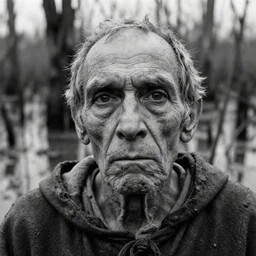 close - up portrait of one tired skinny old male in medieval clothes with blank eyes in a swamp mud, cinestill 8 0 0 t 3 5 mm b & w, heavy grain, high quality, noir, natural textures, photorealistic, ambient occlusion, hd, ultra wide lens, anamorphic, detailed face by sebastao salgado