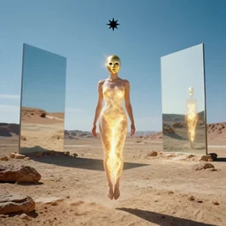 levitating bene gesserit glowing woman with full - face golden mask in a dry rocky desert landscape, visible sky and sunny atmosphere, fata morgana giant mirrors, black star in the sky by alejandro jodorowsky and christopher doyle, anamorphic lens flares, kodakchrome, cinematic composition, practical effects, 8 k,