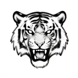 black logotype, fearless african tiger head with angry spiky! ears, very aggressive mouth, lethal eyes, as a very simple quick sketch in thin black ink