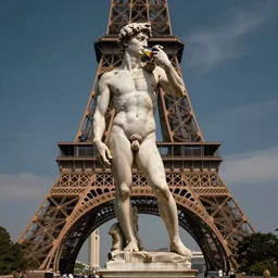 the statue david from michelangelo drinking a beer, posing olympic in front of the eiffel tower