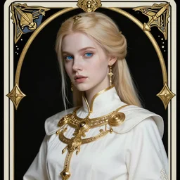 portrait of a alluring young priestess in ornamental white robes, gold accessories, face details, blond hair, ponytail, white skin, blue eyes, dark fantasy, sharp focus, award winning, masterpiece, highly detailed, intricate, by rebecca guay, rossdraws, tarot card border