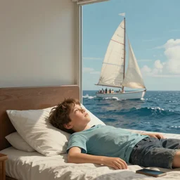 Boy is lying on the bed and dreaming about sailing,dreams, featured on artstation, high-quality, concept art