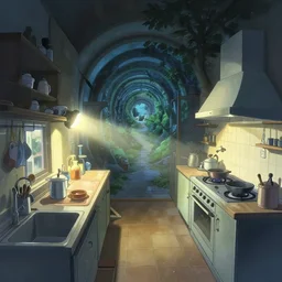 naive nerikomi, weird perspective, extra narrow, detailed illustration of a kitchen lit by flashlight in a scenic spiral environment by jesper ejsing, by rhads and makoto shinkai