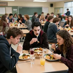 vampires eating at their high school lunchroom, photorealistic, documentary style, nosferatu type vampires eat at their own table while the good looking twilight type vampires eat lunch at a different table, high-school cliques