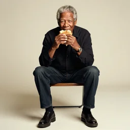 a full length portrait of morgan freeman eating a subway sandwich