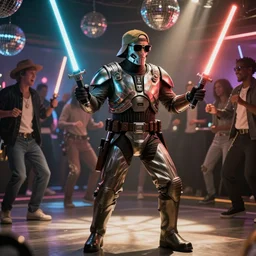 General Grievous from Star Wars at a disco party dancing with his light sabers with sun glasses on and a backwards hat HD flash photograph