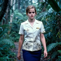 emma watson, flight attendant 1 9 6 0 s, dirty and tattered uniform, wandering through the jungle, award winning, kodak ektachrome expired blue tint,