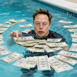 Photography of elon musk swimming in a pool full of wads of cash cash money money money money money
