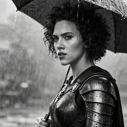 black and white, scarlett johansson as a vampire, wearing rain soaked armour in the pouring rain, afro samurai manga style, pencil and ink, full body camera pose, stand atop a gothic castle looking down over a post apocalyptic city, at night with dramatic moonlight, cinematic effects vfx, dynamic angle from above and behind