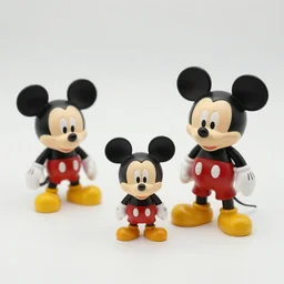 product photograph of vintage disney figurines, cute, popular, collectible, toys figures, mickey mouse, miney mouse, pluto, kawaii, toys, white background,