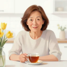 middle - aged woman sitting in a table with a hot cup of tea, small wide smile, mandel eyes, forehead, small plump lips, oval face, wrinkled big cheeks calming white background of a kitchen with yellow flowers, pastel colours, thin blurry lines, digital painting, artstation, matte, sharp focus, illustration, realistic oil painting