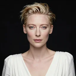 the close - up portrait photo of young beautiful tilda swinton weared in white dress in black studio, petzval 8 5 mm