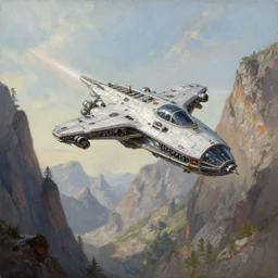 detailed painting of a spaceship coming in to land between two mountains, fantasy, high detailed, sabbas apterus