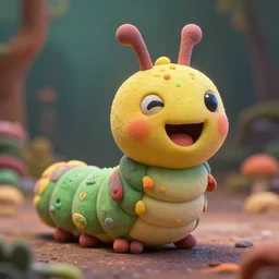 symmetrical intricate murky clay cute friendly laughing caterpillar character with funny face, in the style of craola, macro lens, shallow depth of field, highly detailed, digital painting, trending artstation, concept art, illustration, cinematic lighting, vibrant colors, photorealism, epic, octane render