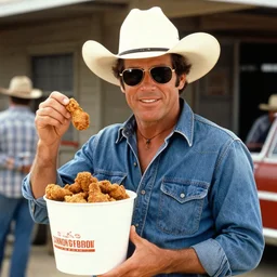 film still of burt reynolds wearing a cowboy hat and sunglasses holding a bucket of fried chicken in cannonball run 1 9 8 2